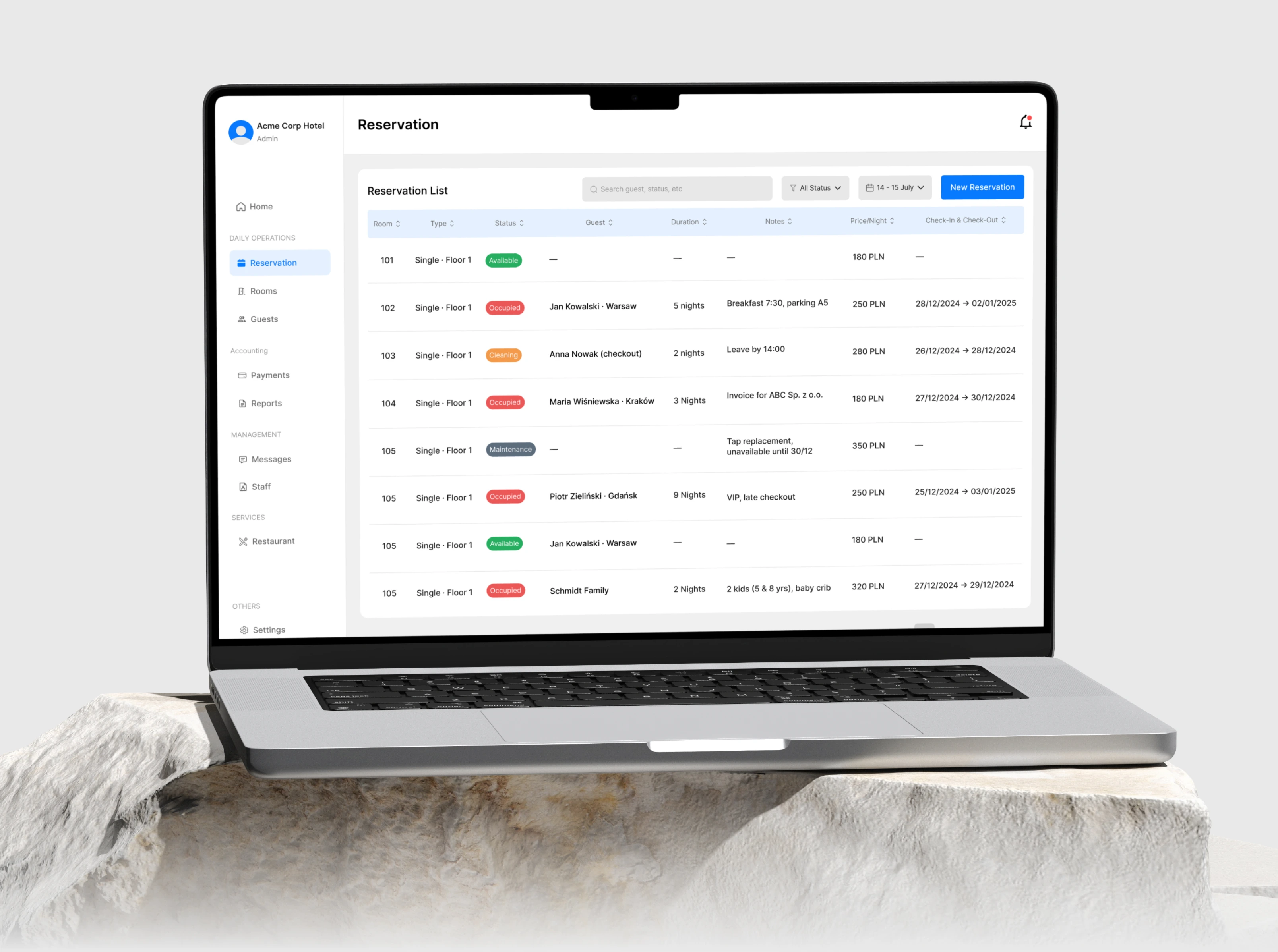 Laptop displaying a hotel reservation management interface with a list of room reservations, statuses, guest names, durations, notes, prices in PLN, and check-in/check-out dates.