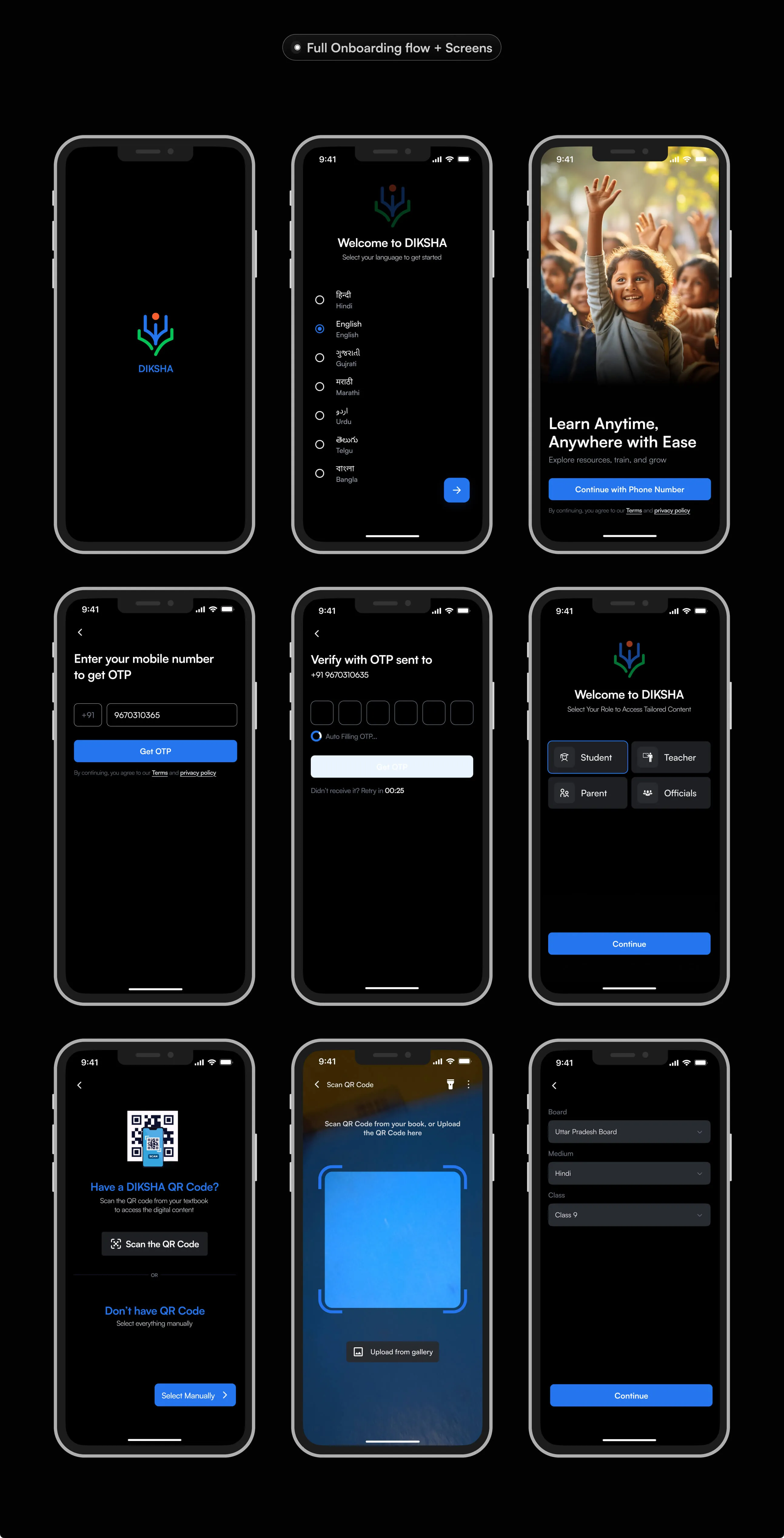 Nine smartphone screens showing DIKSHA app onboarding: loading screen, language selection, welcome with learning message, mobile number entry for OTP, OTP verification, role selection, QR code scanning prompt, QR code scanner, and education board, medium, and class selection.