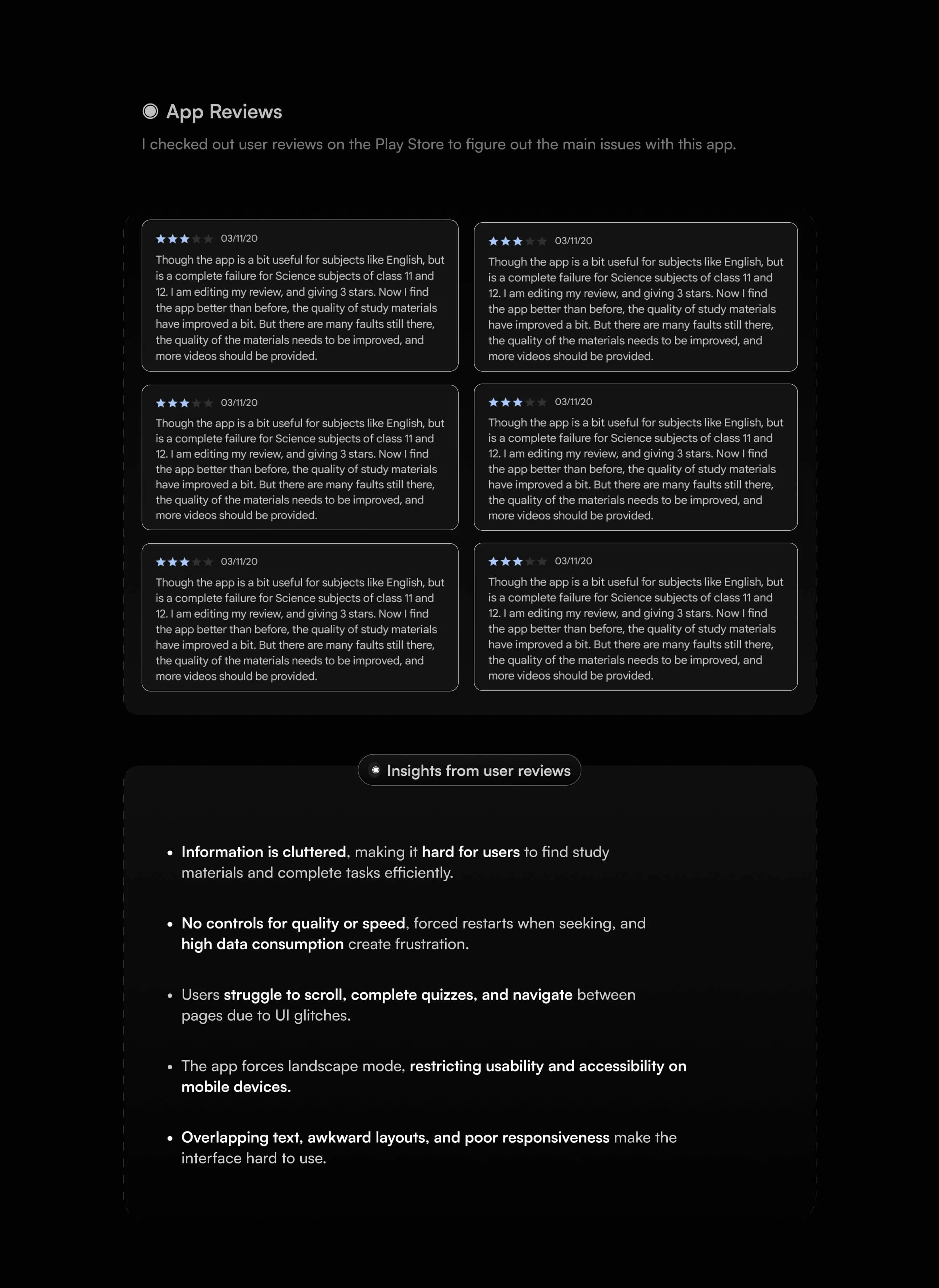 Screenshot showing six identical 3-star user reviews highlighting app faults, followed by insights noting cluttered information, no quality control, navigation struggles, forced landscape mode, and poor interface responsiveness.
