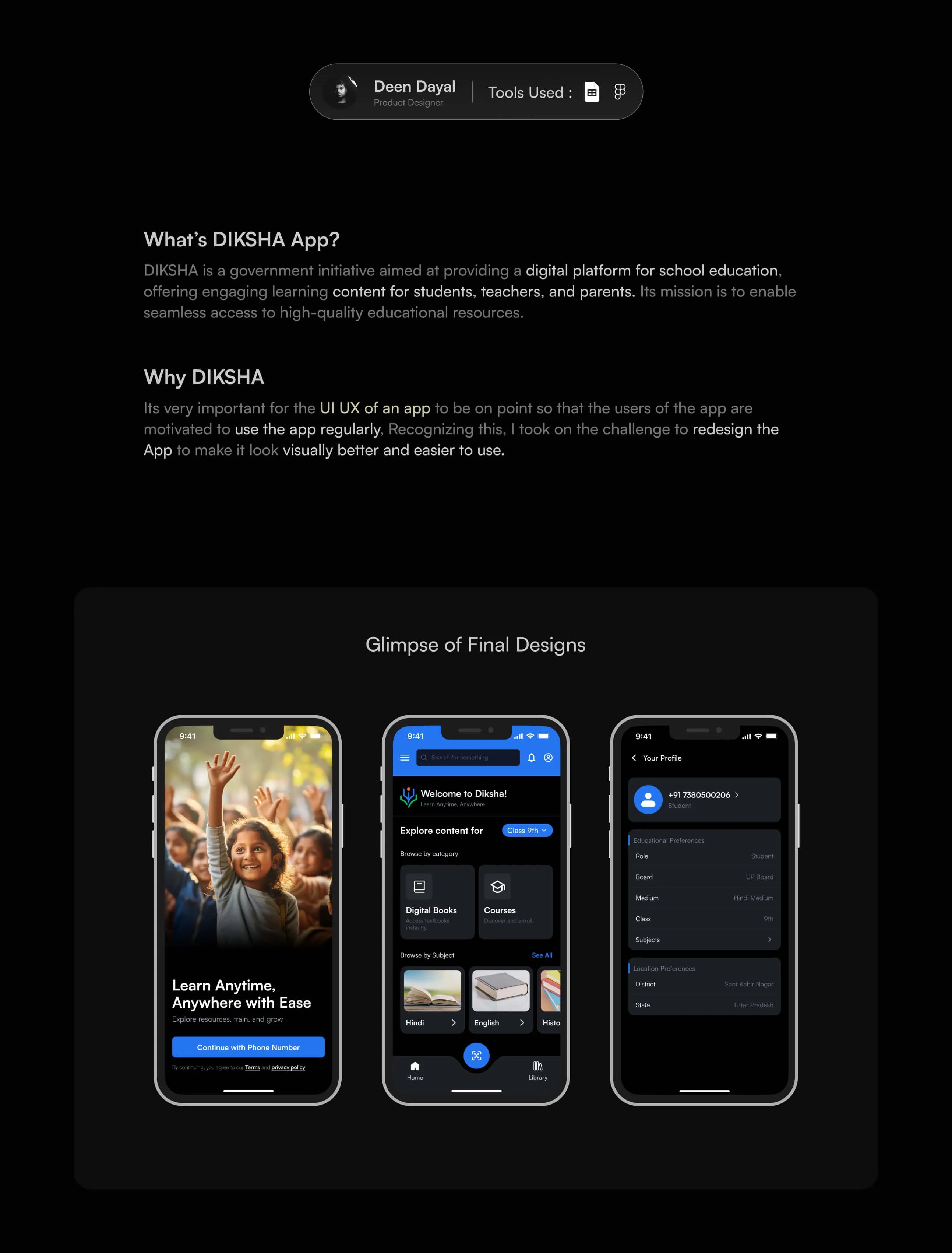 Screenshot of DIKSHA app interface showing a welcome screen with a child raising hand, a content exploration screen with digital books and courses, and a profile screen with student educational preferences.