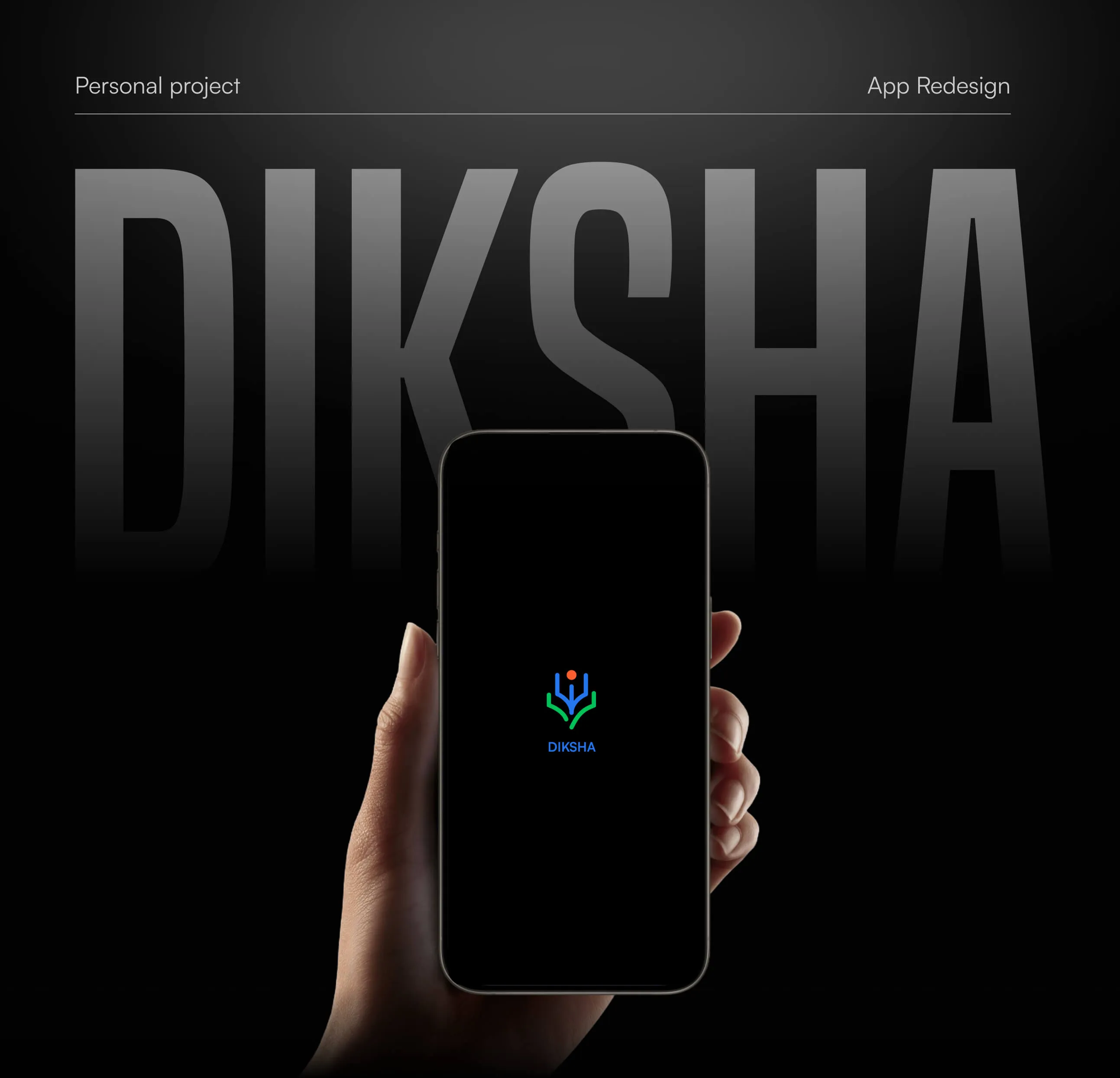 Hand holding a smartphone displaying the DIKSHA app logo on a black background with large text 'DIKSHA' behind it.