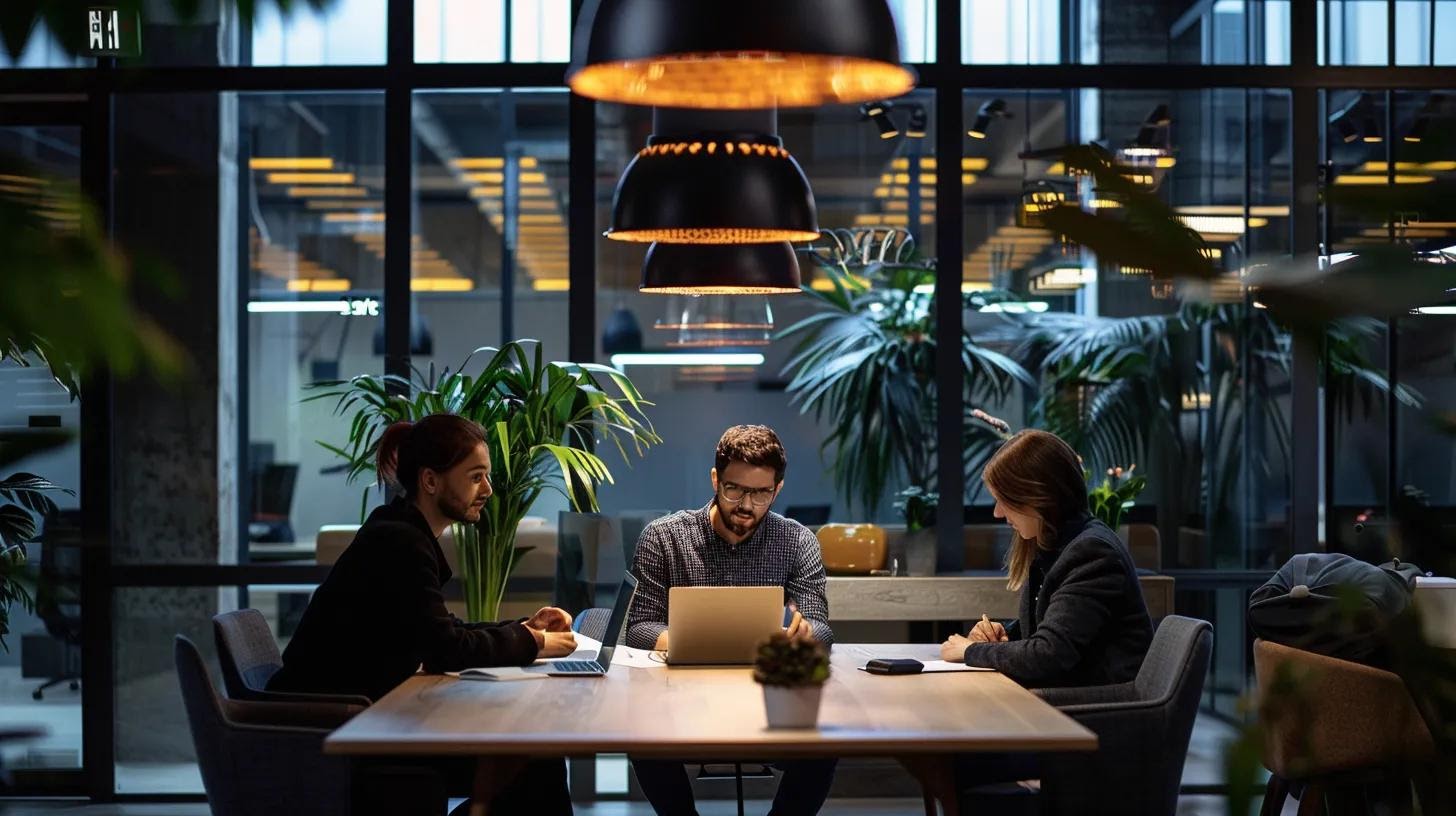 a modern, sleek office setting with insurance agents collaborating over digital marketing strategies on laptops, illuminated by bright overhead lights and adorned with minimalist decor that reflects a fresh, competitive atmosphere.
