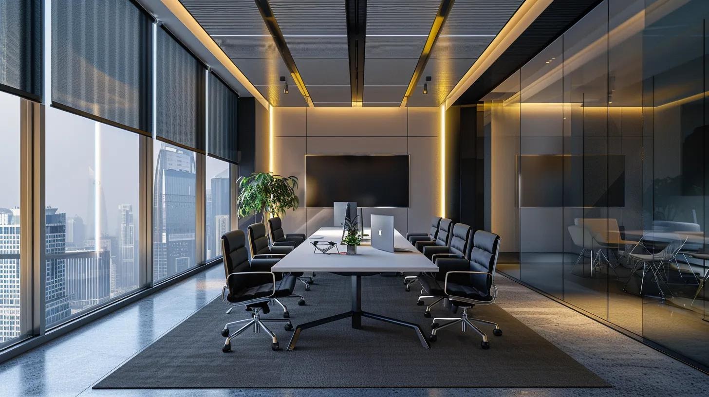 a sleek, modern office workspace filled with minimalist furniture and illuminated by soft, overhead lighting, showcasing a large screen displaying a user-friendly insurance website design that emphasizes trust and transparency.