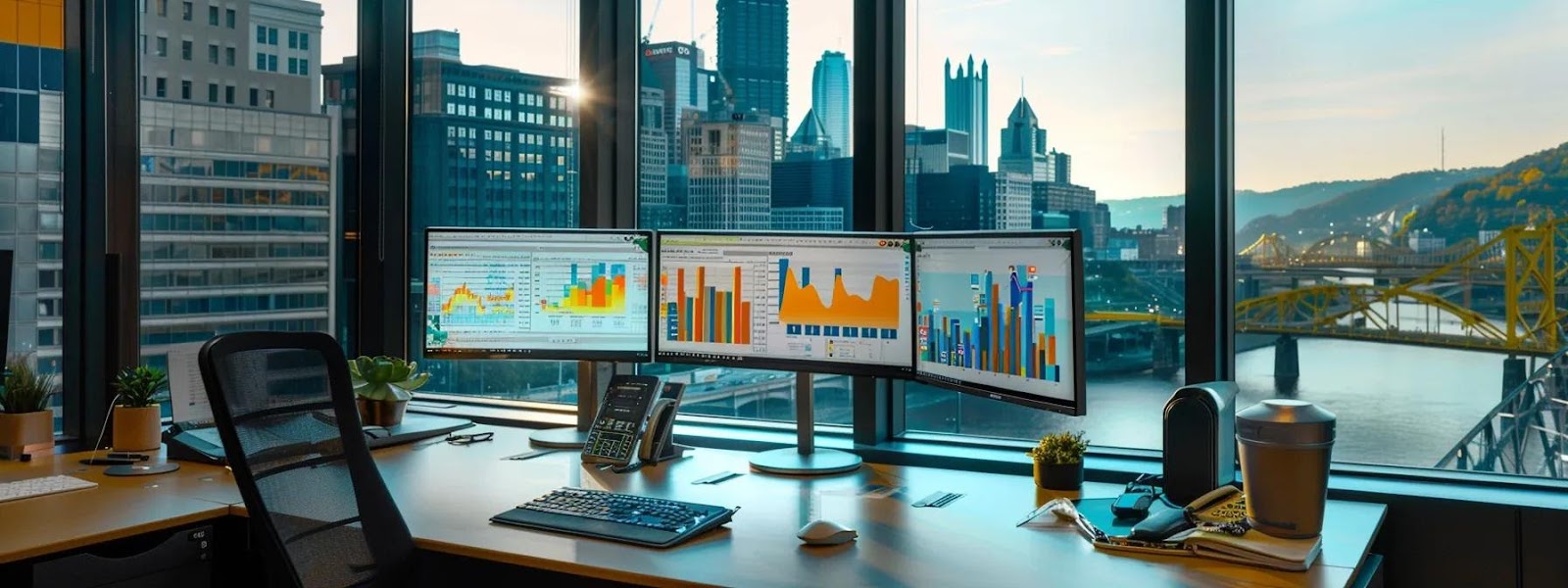 a dynamic urban office setting showcases a focused professional analyzing local seo data on multiple sleek monitors, with a large window revealing an iconic view of pittsburgh's skyline, emphasizing the importance of localized online marketing strategies.