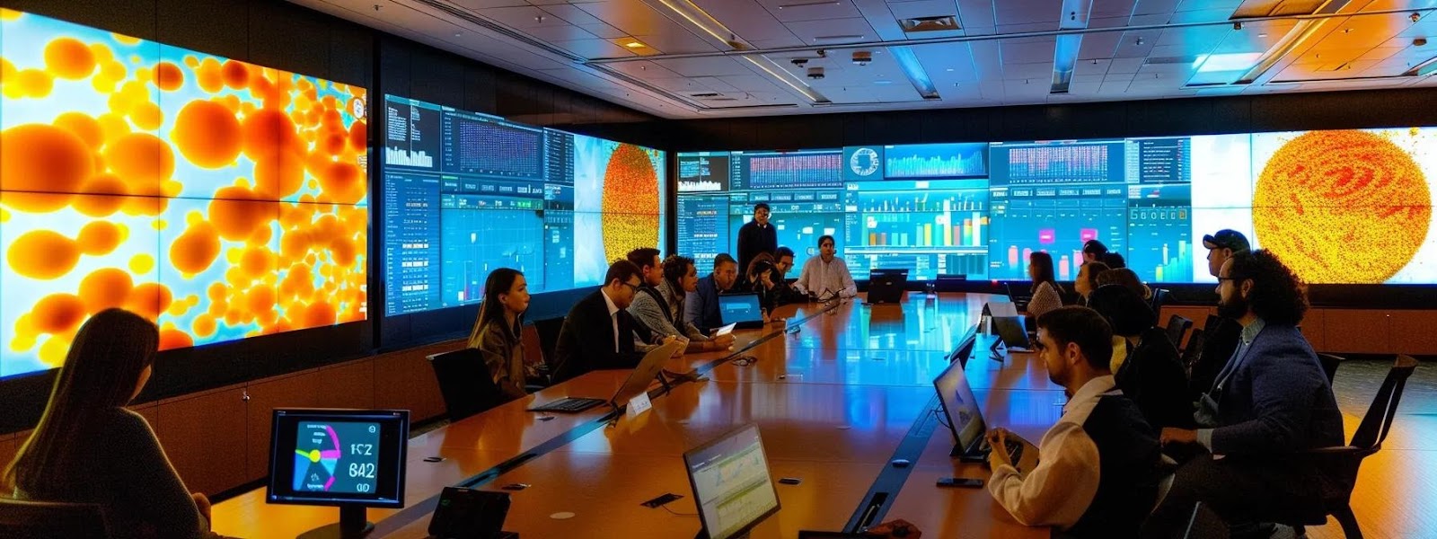 a dynamic office environment in pittsburgh featuring a diverse group of professionals engaged in a collaborative brainstorming session around a modern conference table, with a digital screen displaying vibrant analytics and localized seo strategies to emphasize targeted content creation.