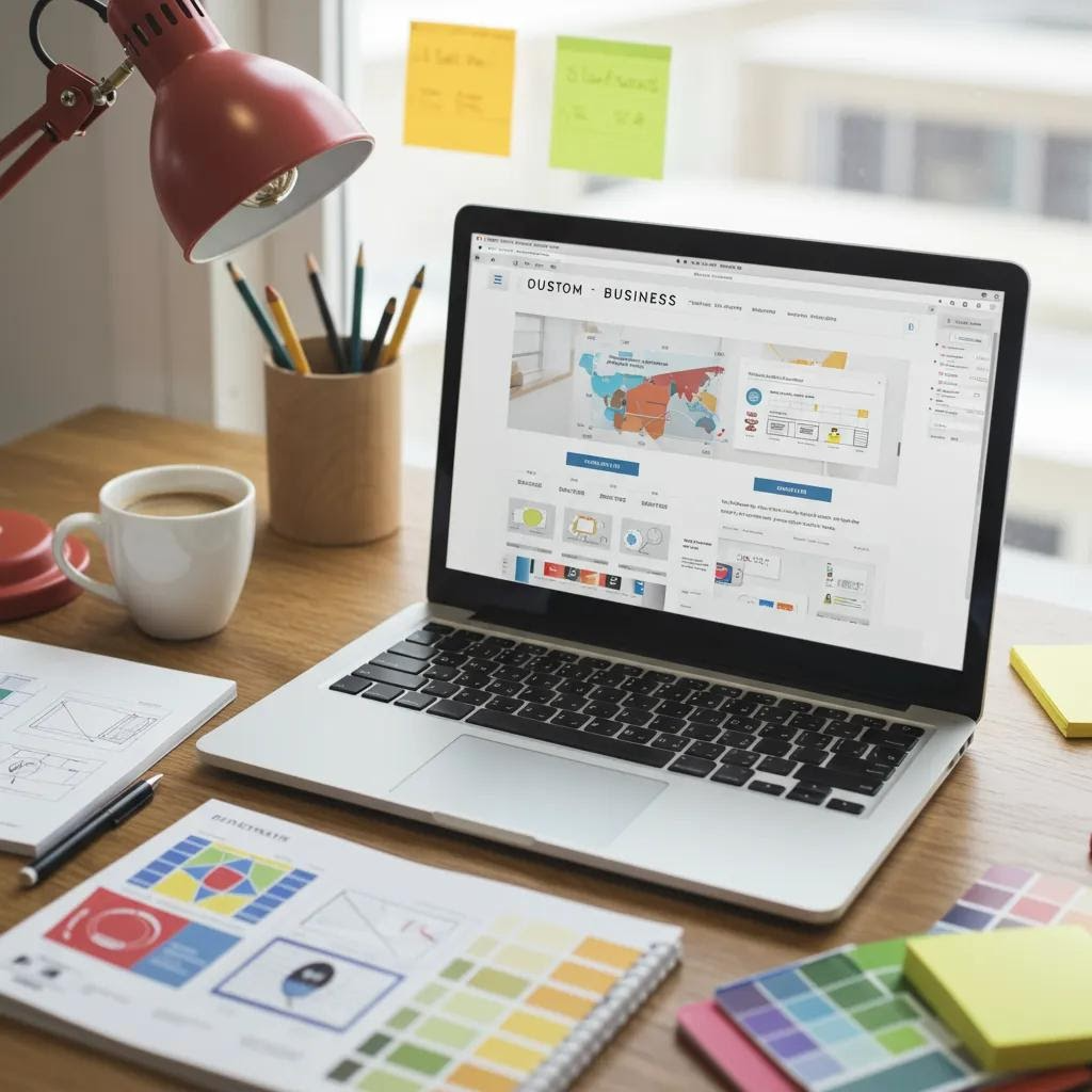 Modern workspace with a laptop showing a custom website design, emphasizing business website development