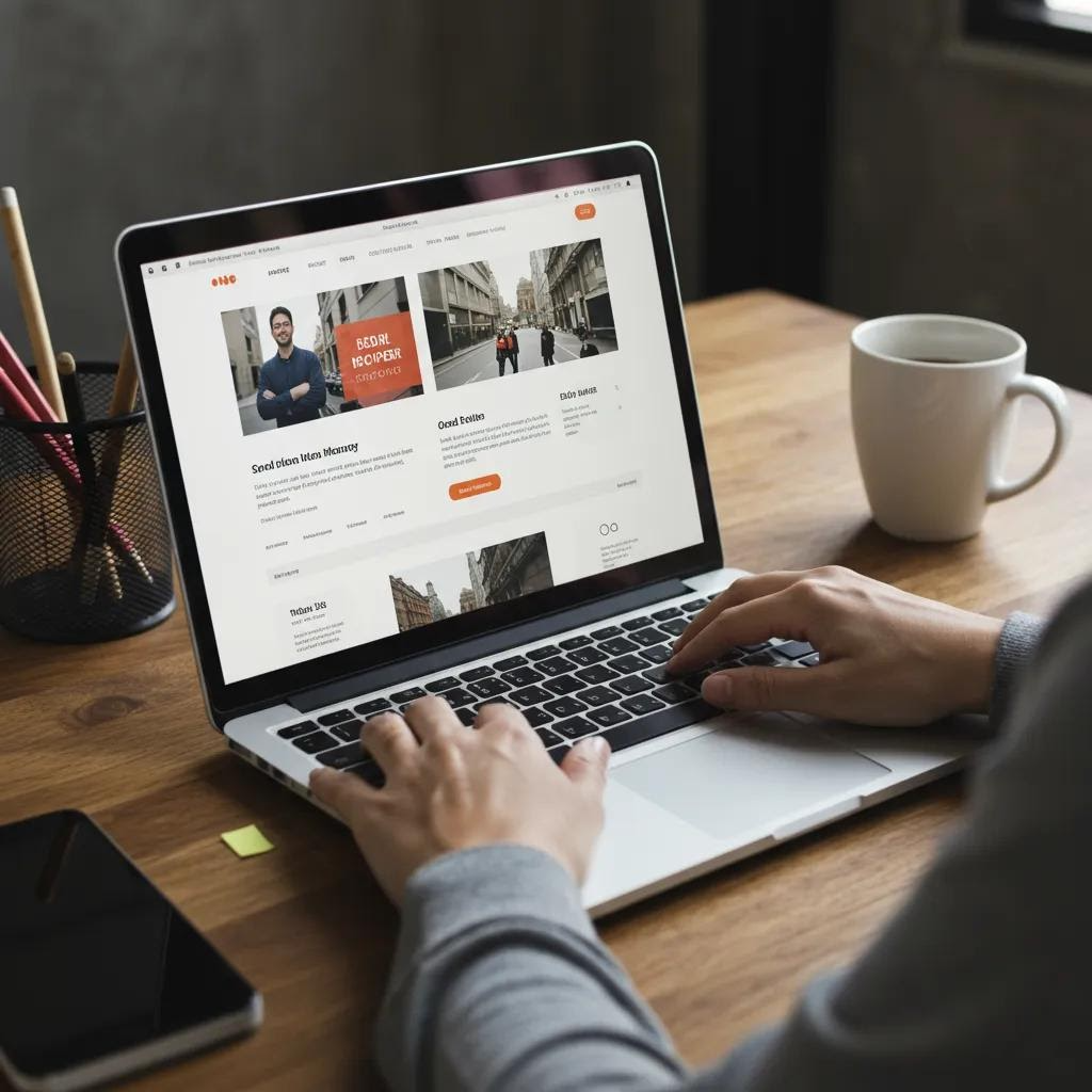 Modern business website interface on a laptop, emphasizing user engagement and conversion elements