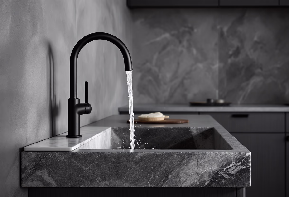 [background image] kitchen sink with running water (for a plumbing service)