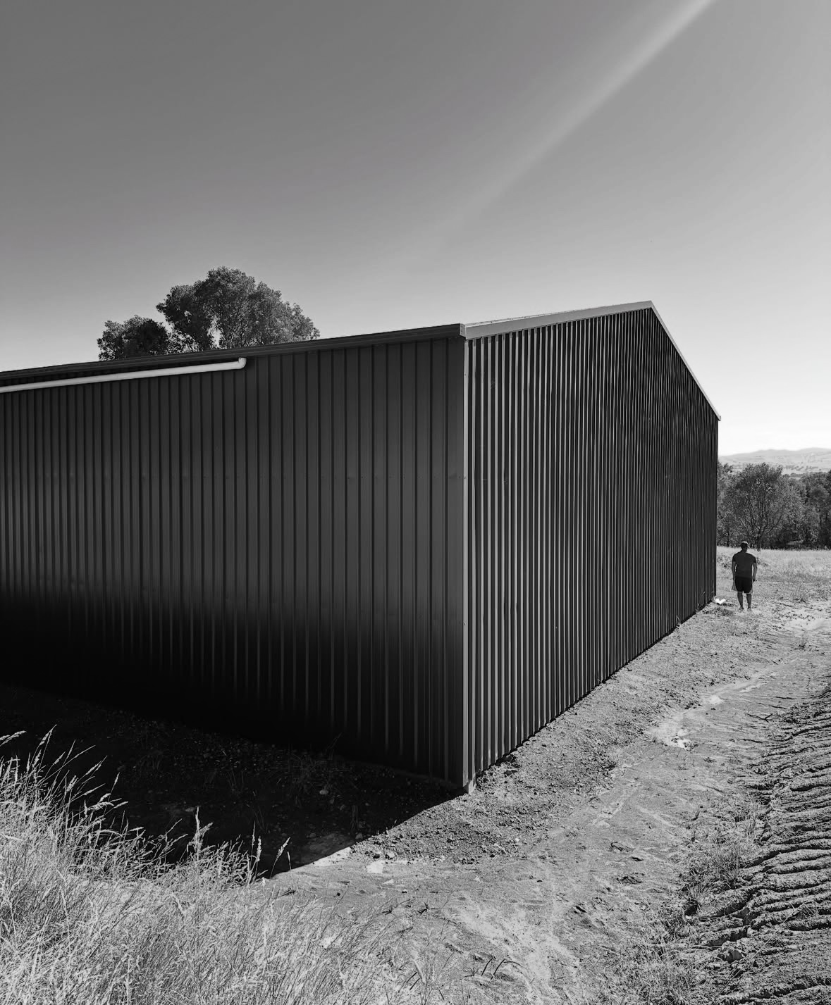 Black and white photo of a large metal shed in an open field with a person walking beside it.