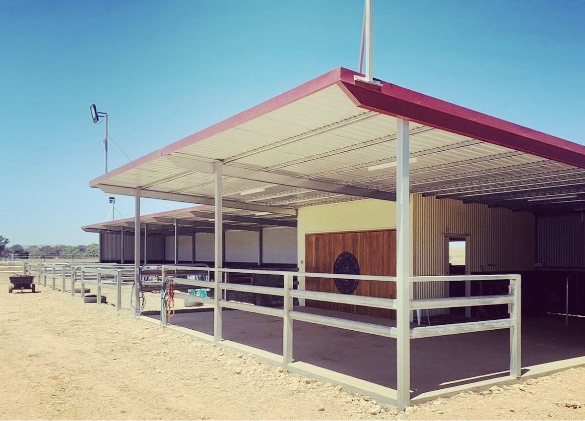 Outdoor covered stable or barn with metal fencing and a dirt ground under a clear blue sky.