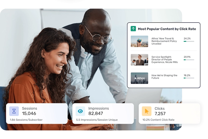 Team reviewing Omni-Channel engagement analytics in Cerkl Broadcast.
