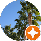 Palm trees against a clear blue sky with an orange and white star-shaped rating badge overlay.