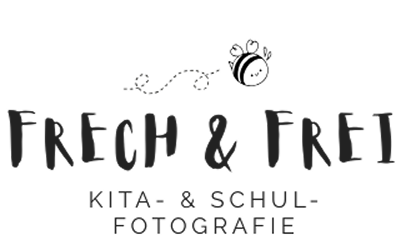 Logo mit dem Text 'Frech & Frei KITA- & SCHULFOTOGRAFIE' in handgeschriebener Schrift.