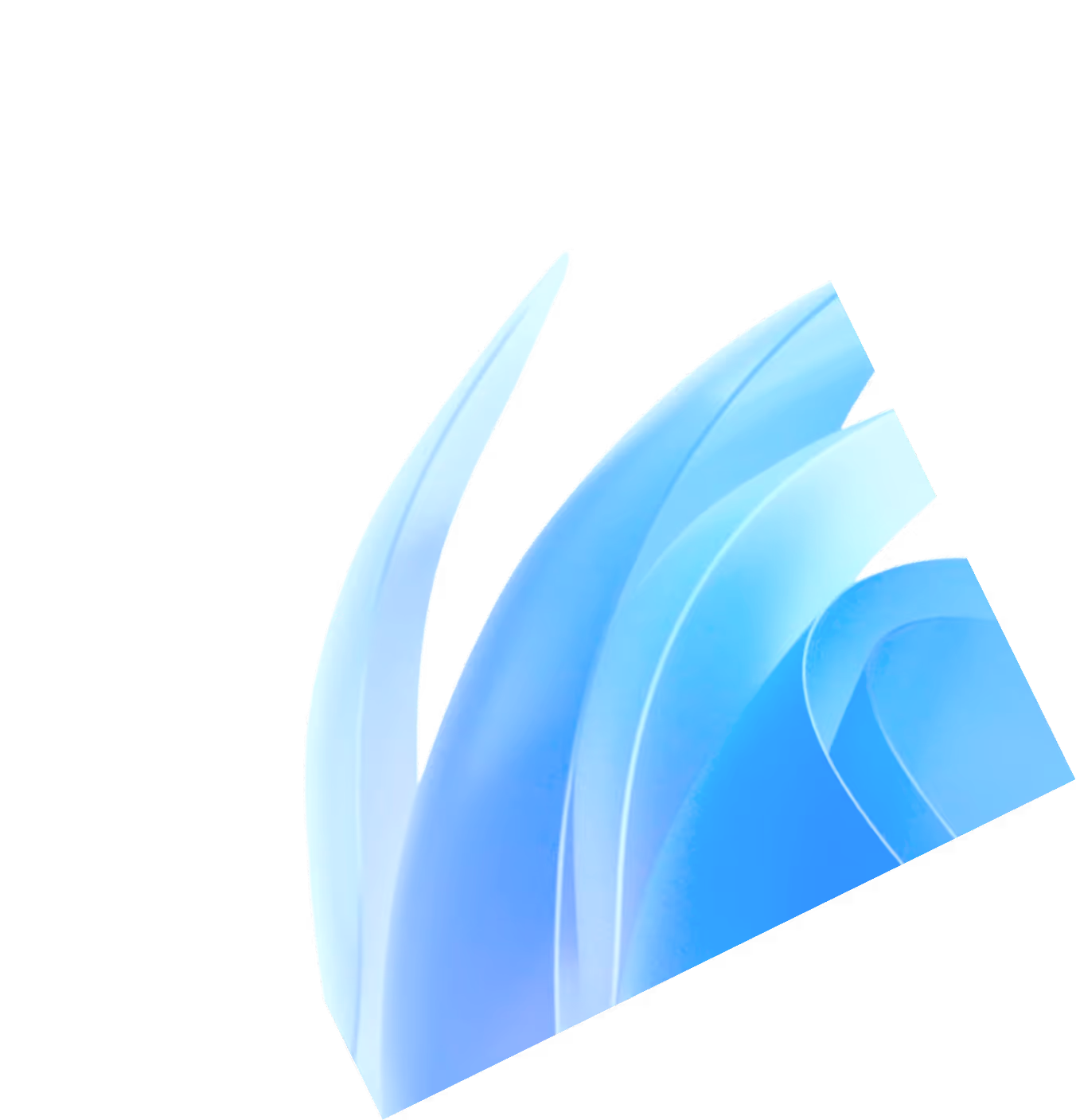 Abstract blue translucent layered ribbon shapes on a black background.