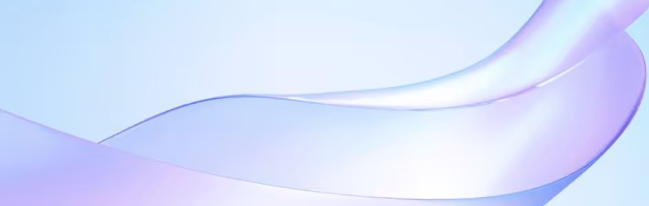 Translucent flowing ribbons in soft purple and blue tones against a light blue background.