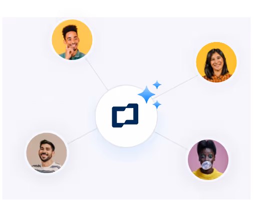 Central icon connected by lines to four circular profile photos of diverse smiling people on colorful backgrounds.
