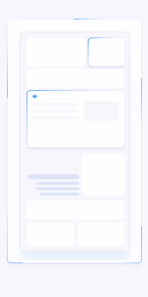 Minimalist digital interface mockup with multiple rectangular content sections and a blue sparkle icon on one panel.