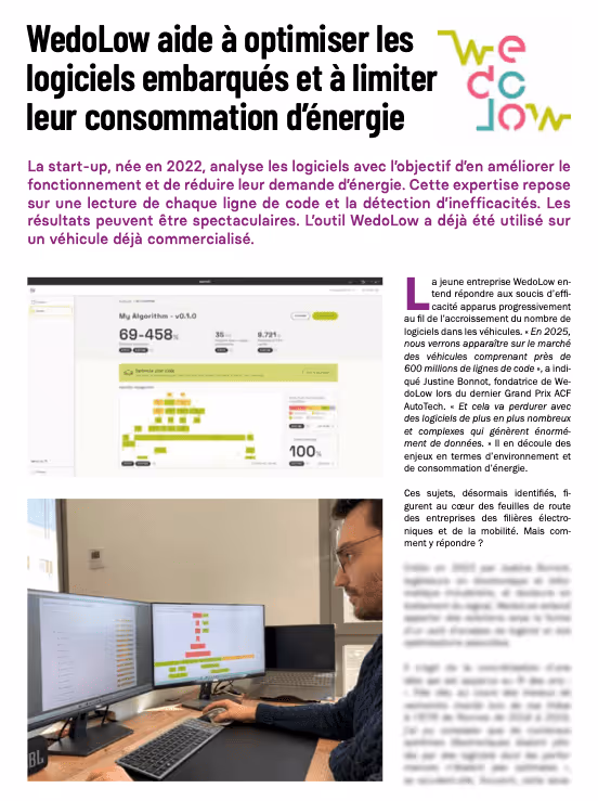 Extrait de l'article consacré à WedoLow dans la rubrique Nouveaux Talents du magazine Ingénieur de l'Auto n°884.