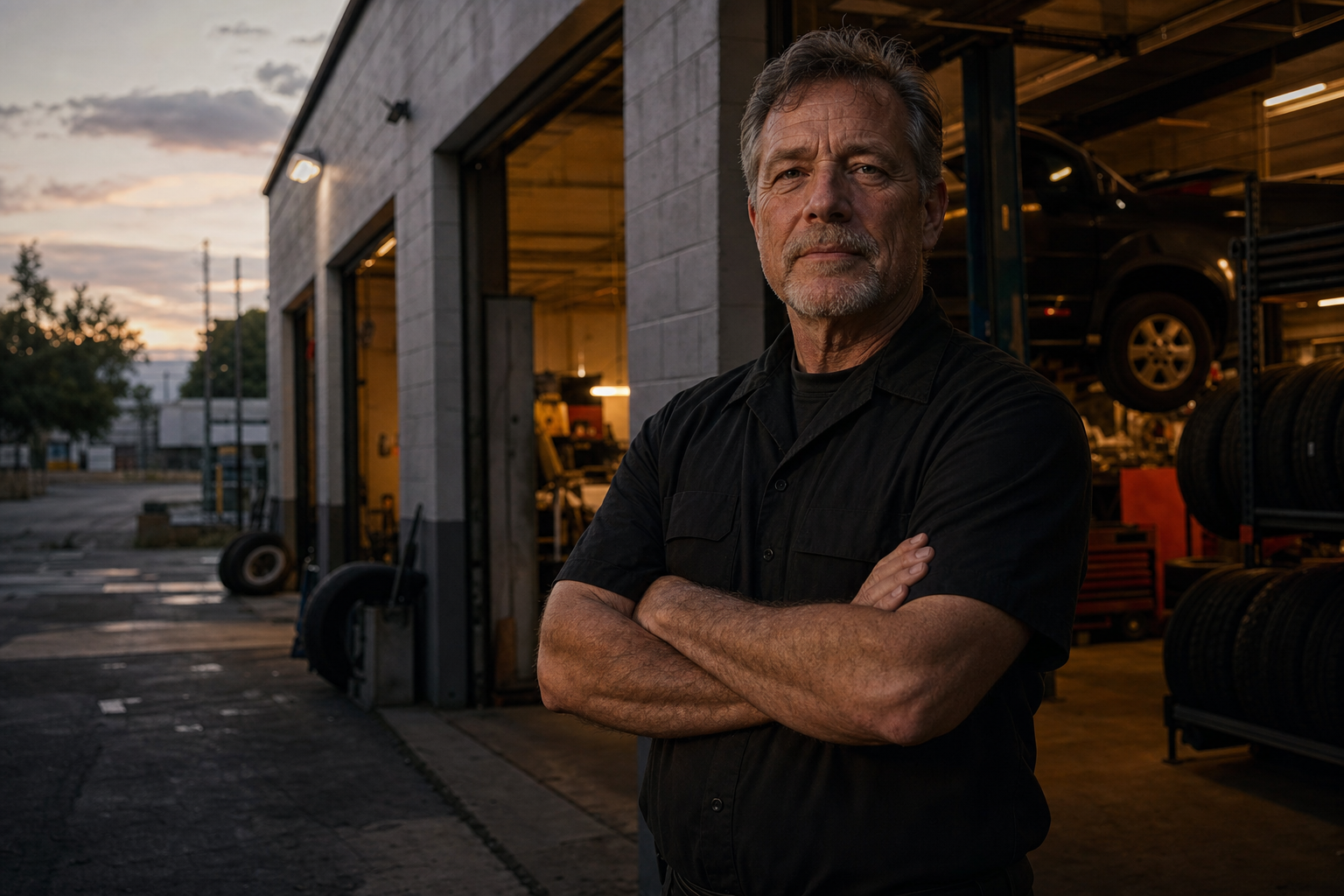Independent Tire Pros dealer outside his location at dusk