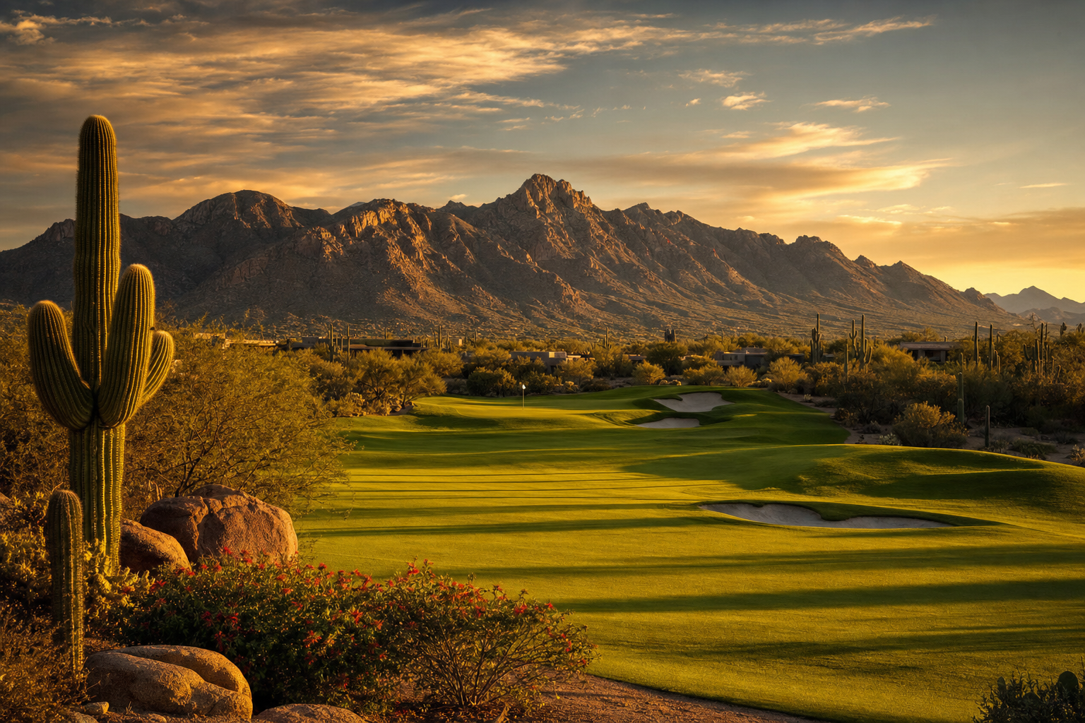 Desert golf course in Scottsdale, Arizona at golden hour
