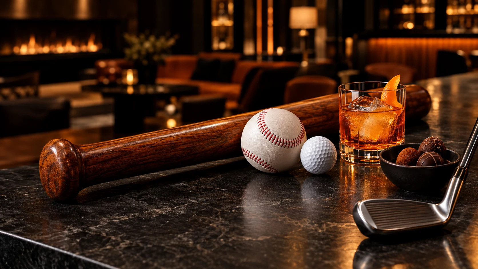 Baseball and golf equipment alongside cocktails and sweets