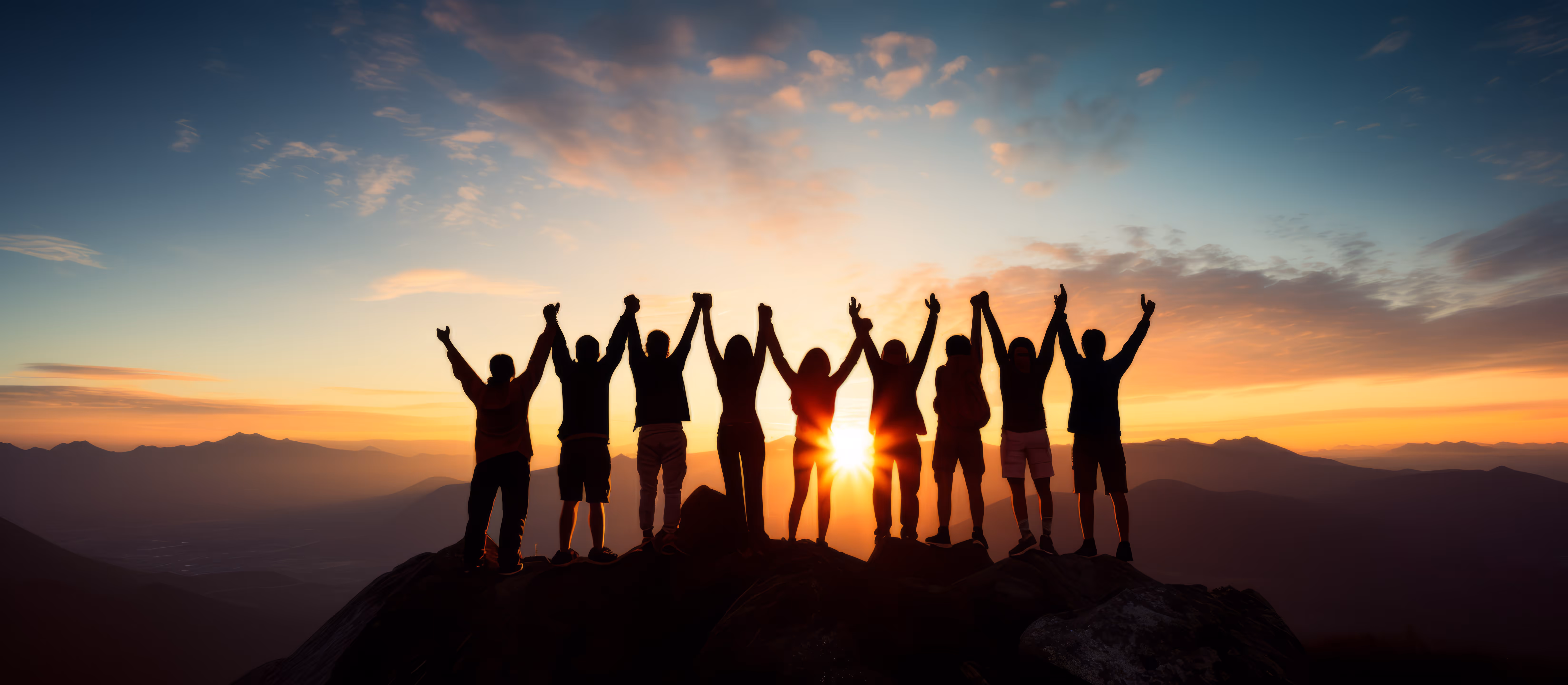 Eine Gruppe von Menschen steht mit freudig erhobenen Armen bei Sonnenaufgang auf einem Berggipfel