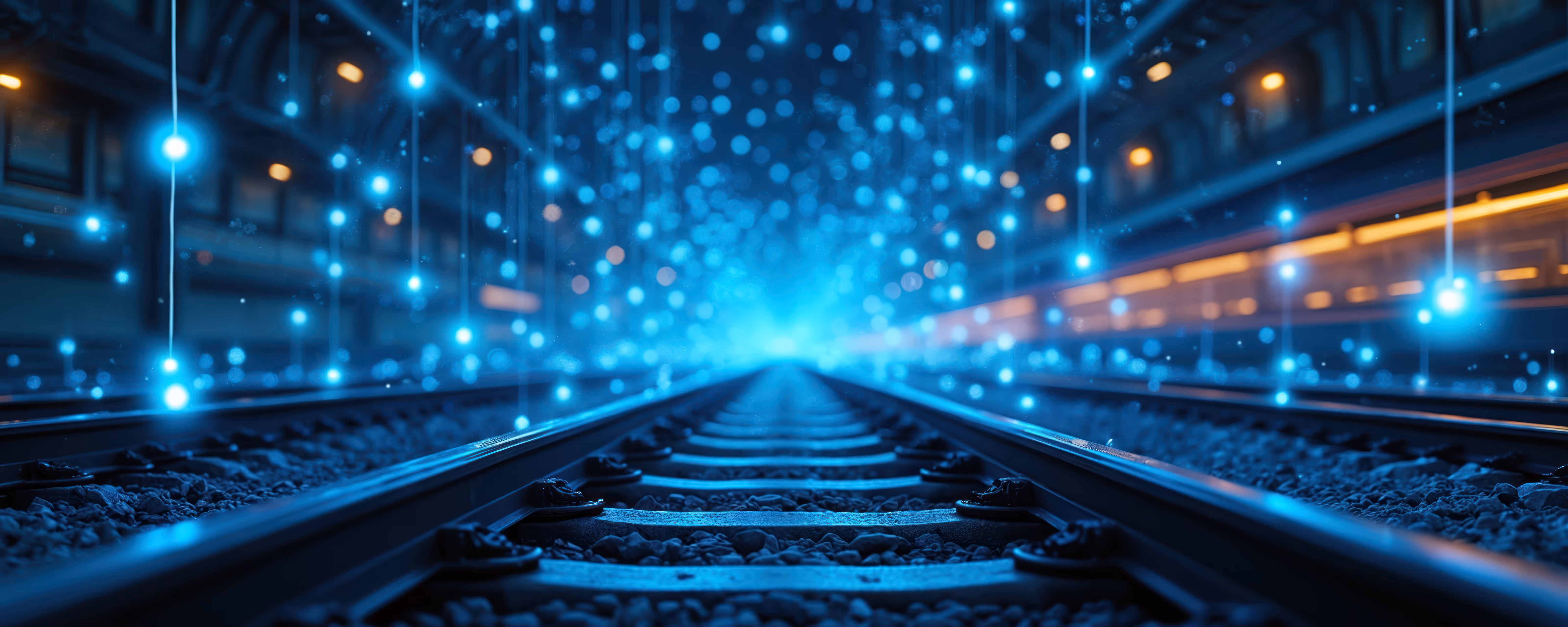 Ein Schienenstrang in einem Tunnel führt zum Licht, Aufnahme mit reizvollen Lichteffekten