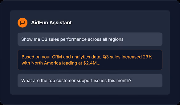 Illustration of the AidEun AI assistant demonstrating a streamlined dialog and automated workflow for businesses, contrasted with traditional manual processes.