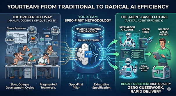 YourTeam process diagram showing the shift from slow, opaque manual coding to radical agent-based efficiency and spec-first software development.