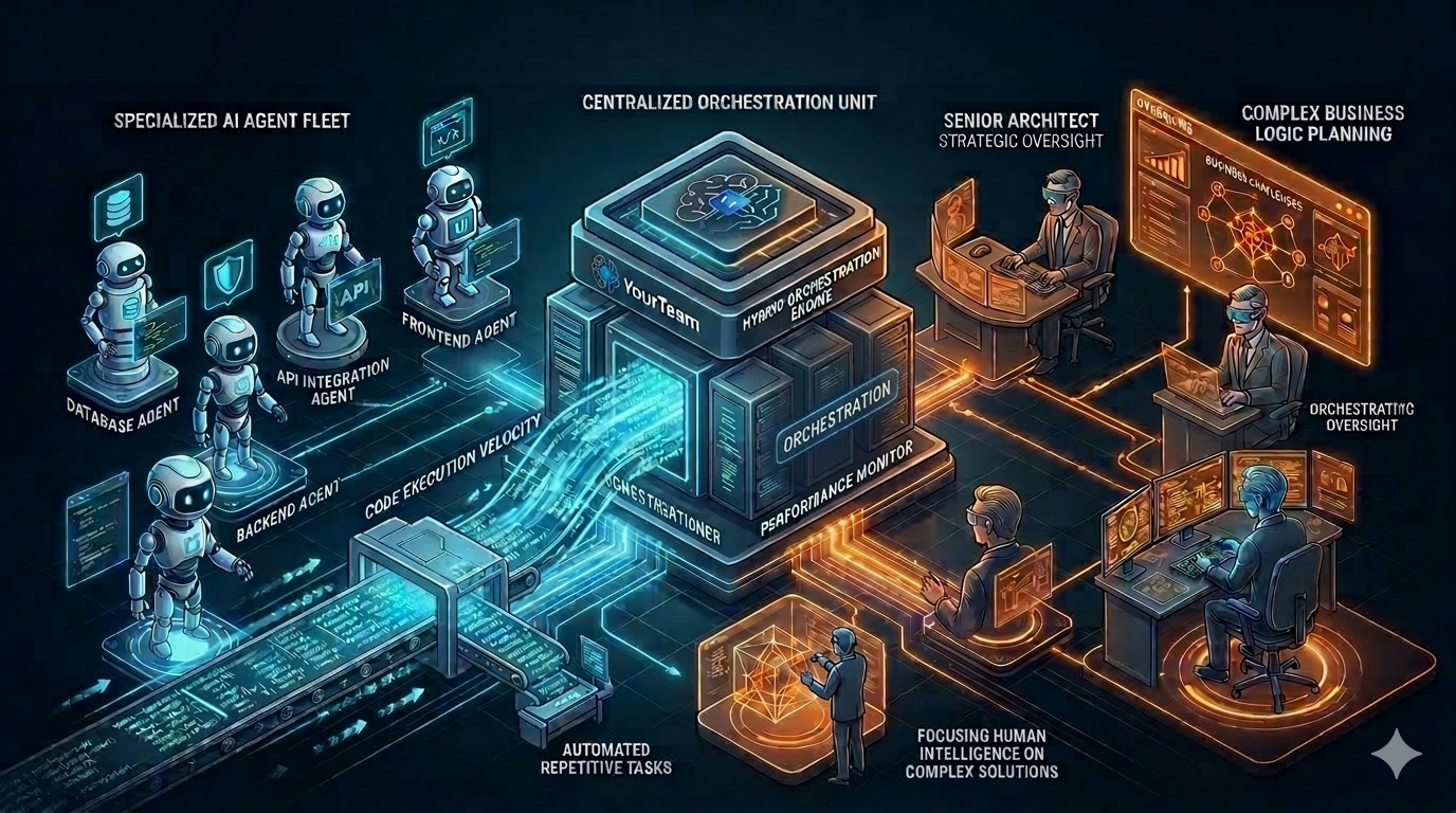 Futuristisk kybernetisk diagram av sentralisert AI-orkestrering, med en glødende gyllen kontrollernode som leder en synkronisert flåte av forgreinede, oransje-glødende agenter mot en felles teknisk oppgave, som visualiserer YourTeams Agent Orchestration.