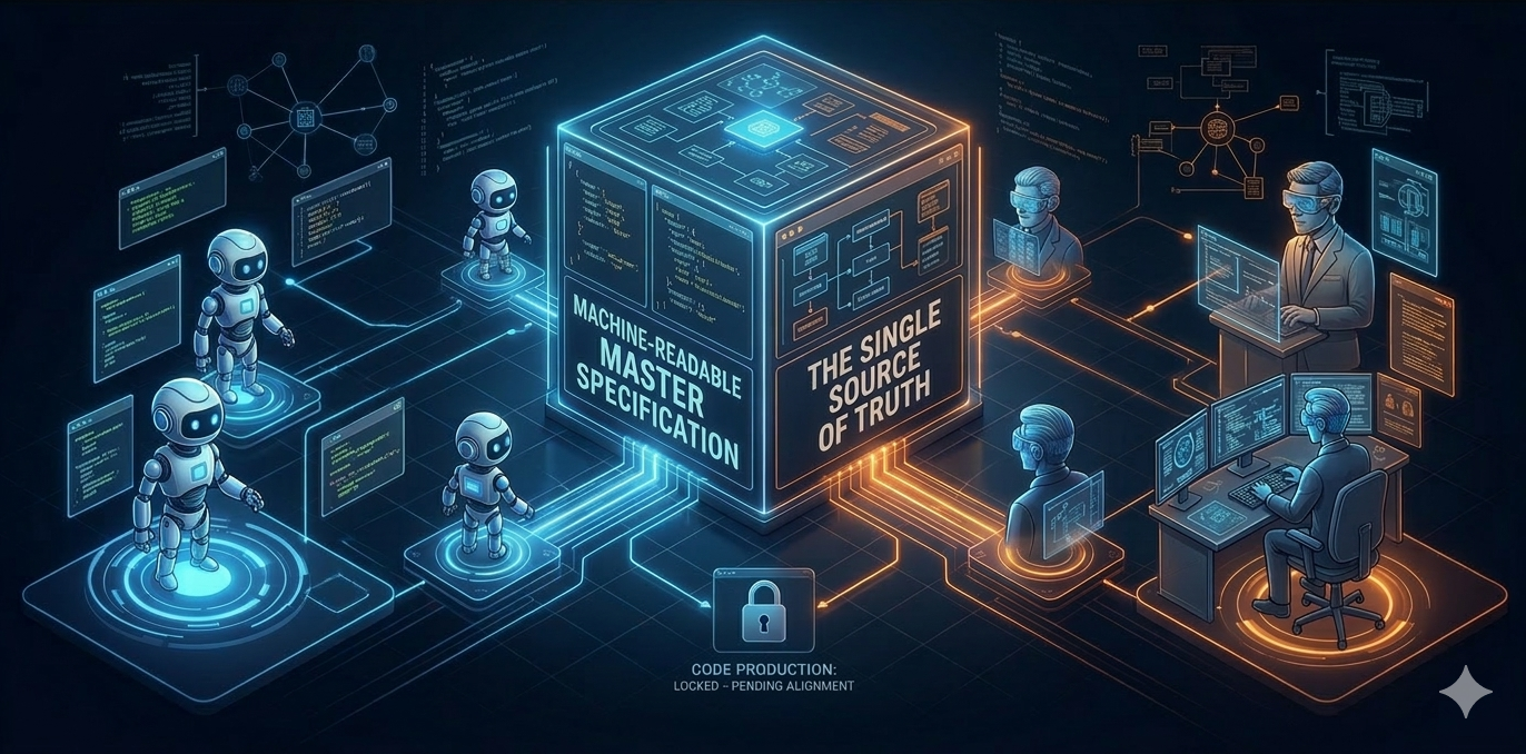 Abstrakt digital illustrasjon som viser en glødende oransje kule i sentrum av et presist geometrisk rutenett og blueprint-system, som visualiserer YourTeams uttømmende, maskinlesbare spesifikasjoner for Spec-First programvareutvikling.