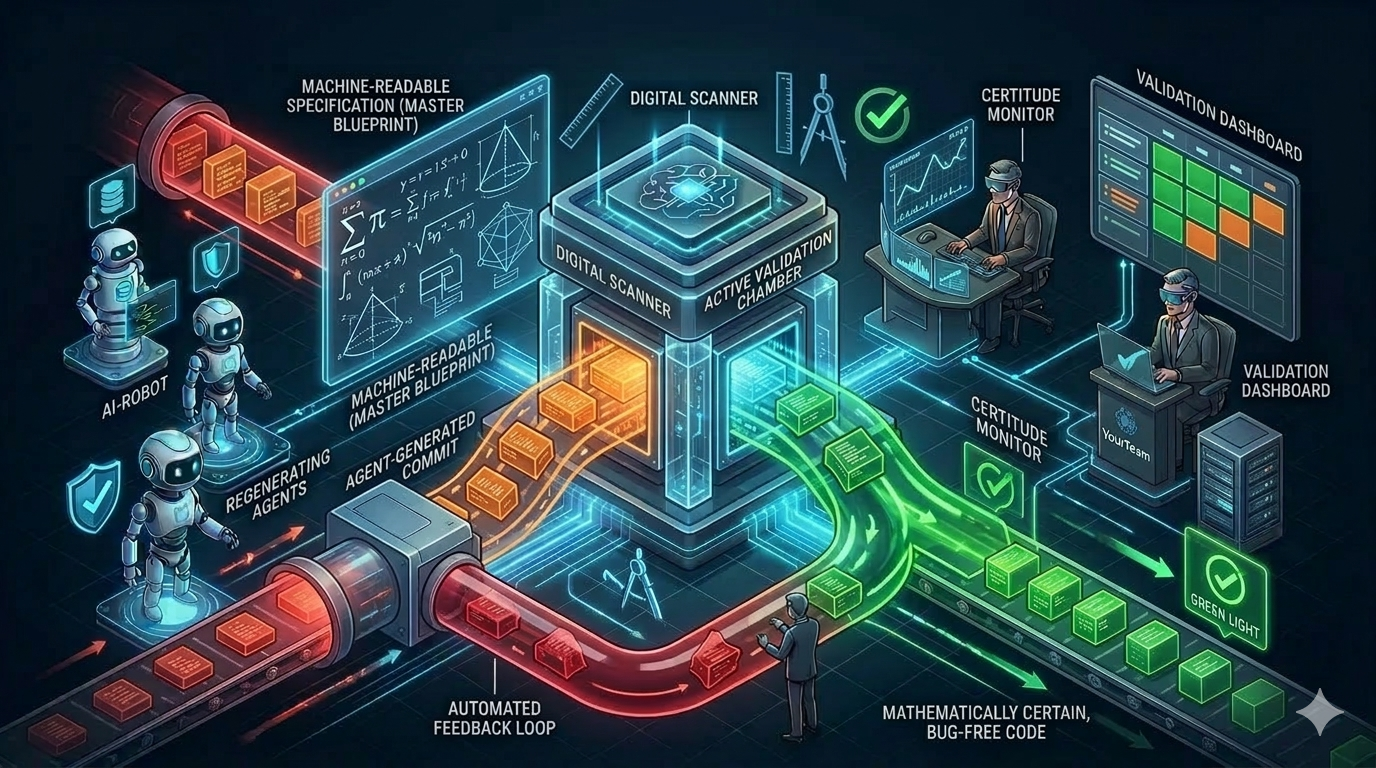Abstrakt kybernetisk illustrasjon som visualiserer sanntidsvalidering. Et geometrisk nettverk av glødende cyan-linjer og en sentral oransje-glødende kjerne representerer matematisk presisjon, scanning og verifisering av kode mot spesifikasjoner i YourTeams utviklingsmodell.
