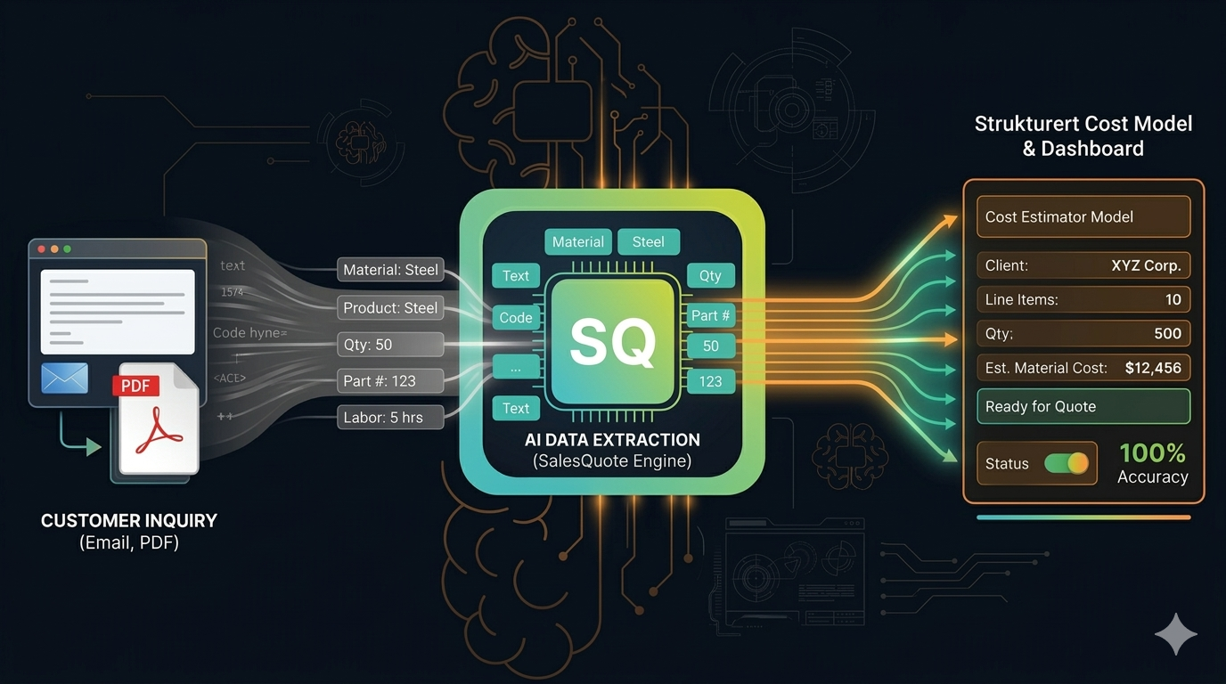 Futuristisk digital visualisering av SalesQuotes 'Intelligent Automation'-motor, med en sentral, glødende teknologisk kjerne og et komplekst nettverk av dataflyt over et geometrisk rutenett, som representerer automatisert datainnsamling og behandling for kostnadskalkulasjoner.