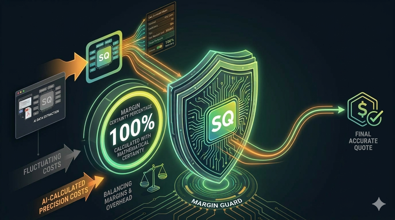 Abstrakt, dynamisk kybernetisk visualisering av SalesQuotes 'Margin Protection'-funksjon. Et glødende blått og lilla senter er omgitt av flerlags, geometriske beskyttelsesringer med intrikate mønstre, som representerer en sikker barriere og matematisk sikkerhet for kostnadskalkulasjoner.