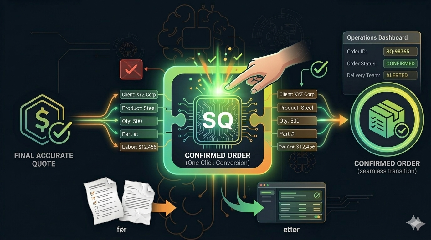 Abstrakt, flerlags digital visualisering av SalesQuotes 'Seamless Closing'-funksjon. En glødende cyan datastrøm flyter sømløst og presist inn i en sentral, kompleks lilla og blå mekanisme over et geometrisk rutenett, som representerer den umiddelbare konverteringen av tilbud til ordre for SalesQuote.