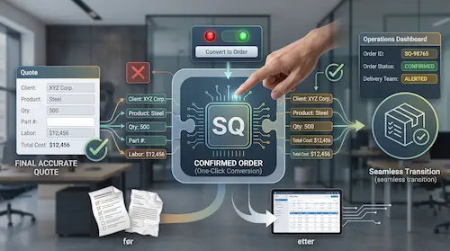 Diagram over SalesQuote AIs prosess for ordrebekreftelse med ett klikk og sømløs ERP-integrasjon.