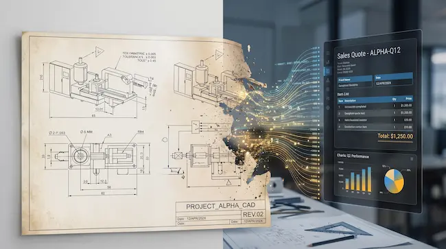 Prosess med automatisert datauthenting som transformerer en CAD-tegning til et digitalt SalesQuote RFQ.