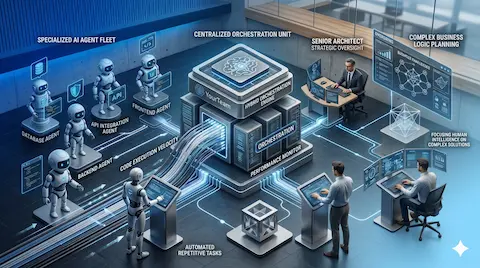 Diagram som viser seniorarkitekter som orkestrerer en flåte av spesialiserte AI-agenter i YourTeam.