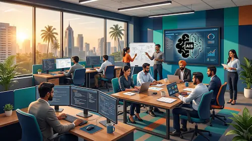 3D-illustrasjon: AISolutions-teamet samarbeider i moderne kontor med digitale skjermer og avansert AI.