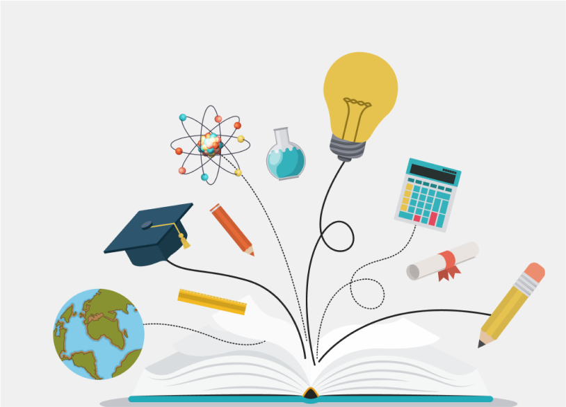 Illustration of education tools including books, globe, and pencils