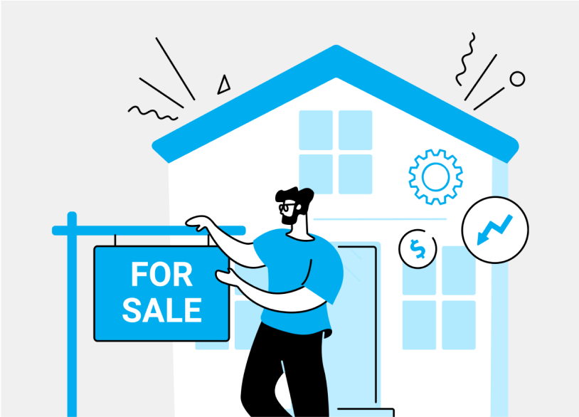 Illustration of real estate agent holding house for sale sign