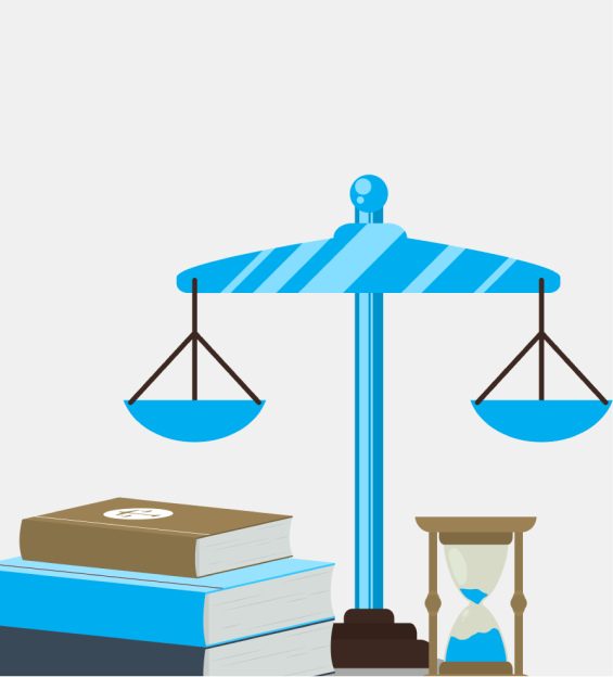 Illustration of justice scale with books and gavel