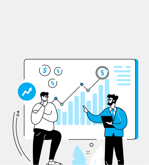 Illustration of business professionals analyzing data growth charts