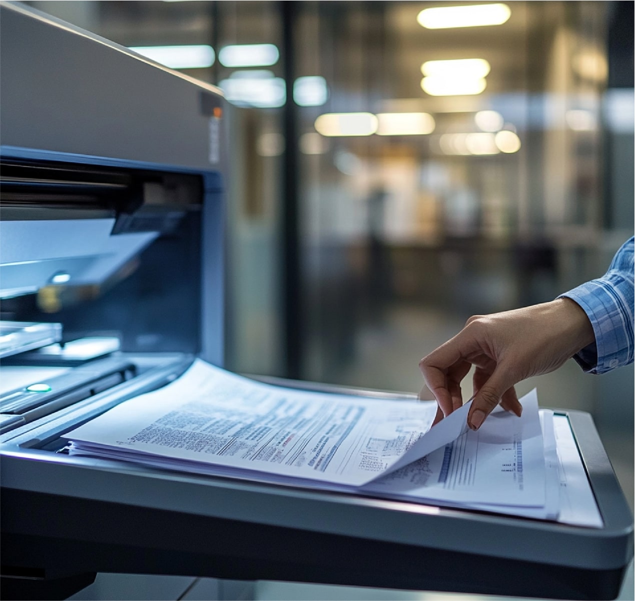 Person scanning paper on flatbed document scanner
