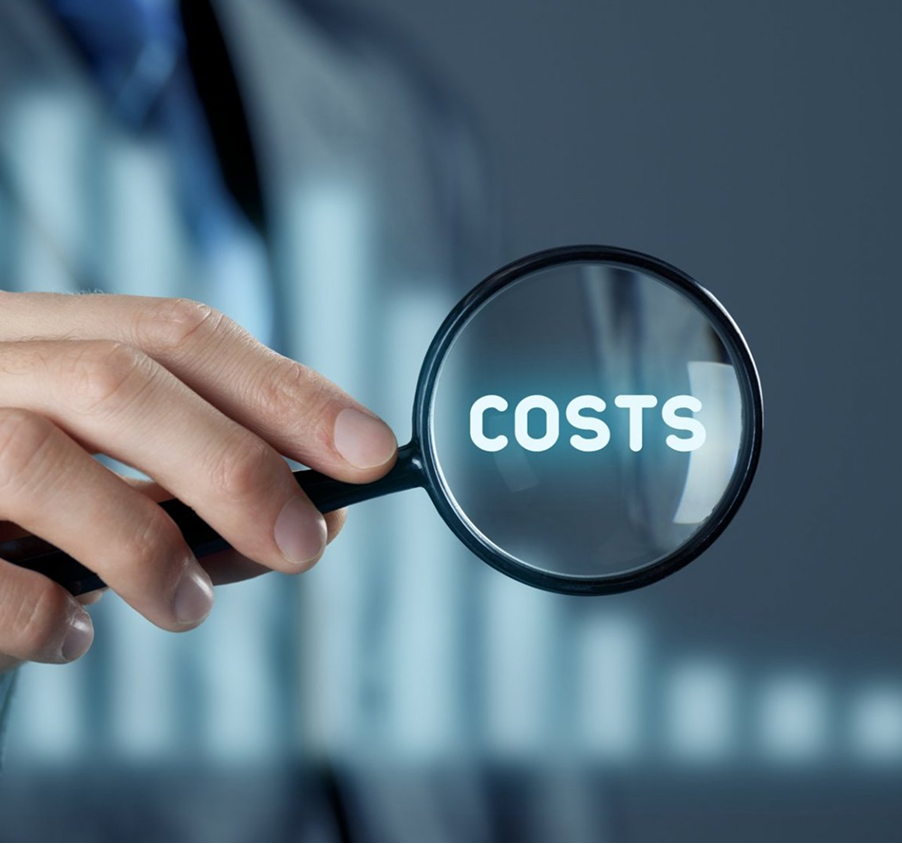 Magnifying glass highlighting costs on digital background