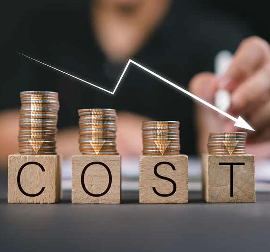 Stack of coins spelling COST with financial growth chart