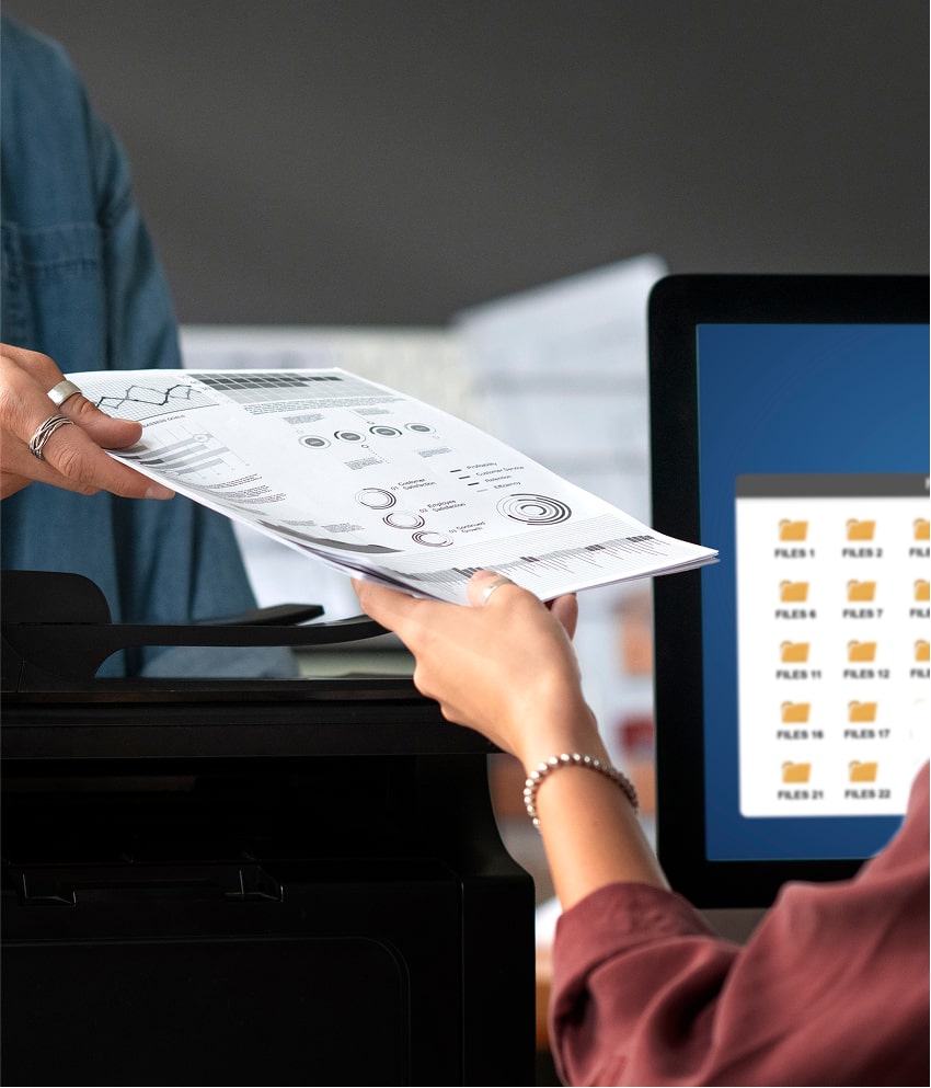 Person reviewing archived documents on digital tablet