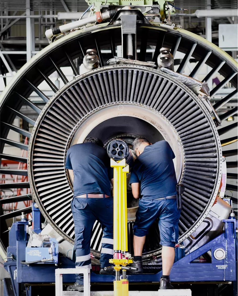 Close-up of aerospace jet engine with mechanical parts