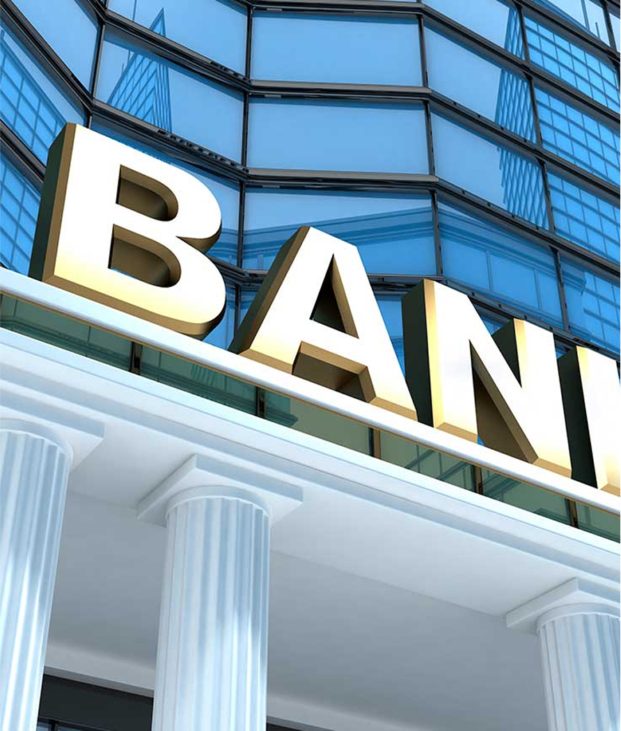Facade of a bank building with large BANK sign