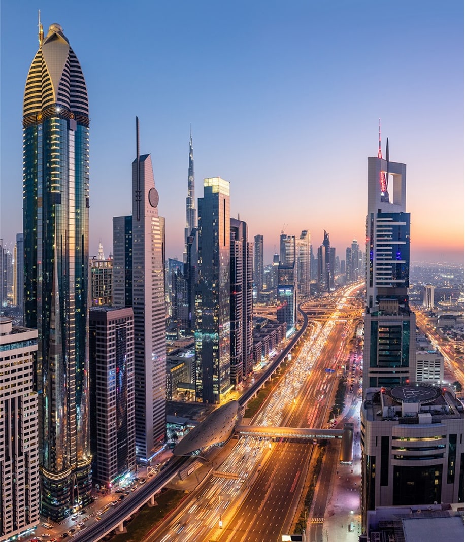 Modern skyscrapers and highway in city real estate district